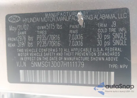 2007 Hyundai Santa Fe Gls from USA, damaged, VIN 5NMSG13D07H111179